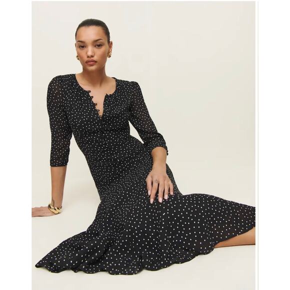 Reformation Dresses & Skirts - Reformation Mels Chiffon Polka Dot 3/4 Sleeve A-Line Midi Dress Black White 2